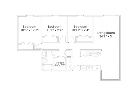 Floor plan for 3 beds, 1 bath, 1100 sqft